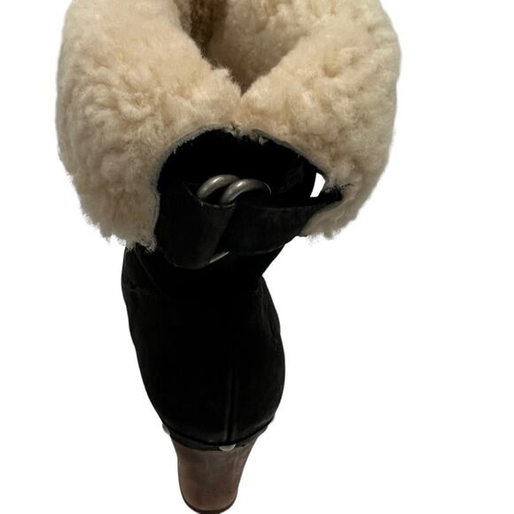 UGG Australia Carnegie Studded Wood Stacked Sheepskin Sherpa Black Booties Sz 7 - Picture 6 of 12